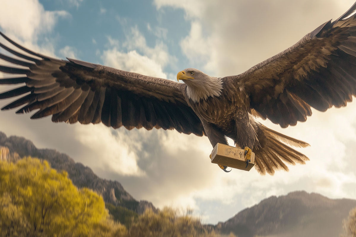 bald eagle holding gold bar soaring